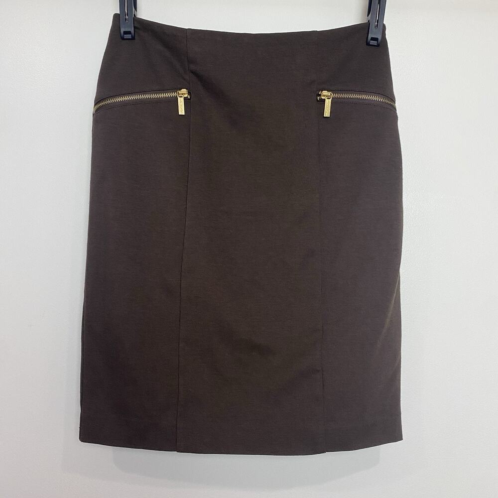 Michael Michael Kors Women's Sz 6 Brown Pencil Skirt Stretch Zip Pockets GUC